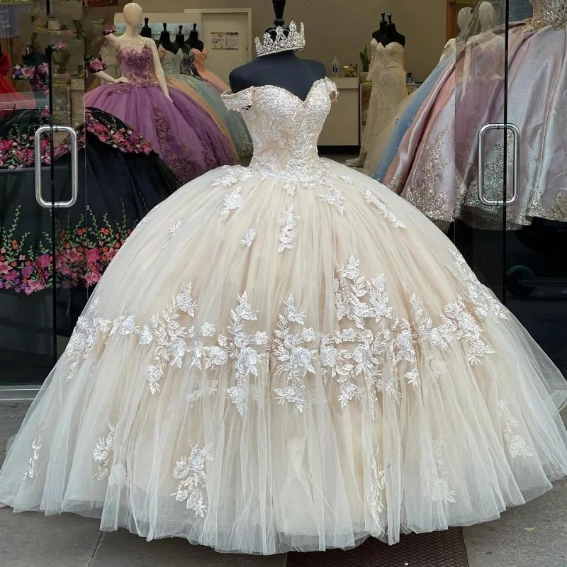 vintage prom dressesLong Champagne Lace Appliques Quinceanera Dress for 15 Year Ball Gowns Off The Shoulder Ball Gown Debutante Gowns Dresses Prom Dress  gh981