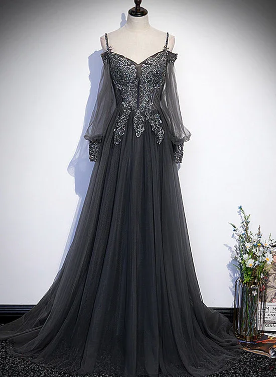 cap sleeve prom dressesDark Grey Long Sleeves Lace Applique A-Line Prom Dress, Grey Long Formal Dresses  gh48