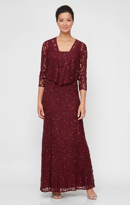 velvet maxi dressesSequin Lace Long A-Line Dress with 3/4 Sleeve Illusion Jacket