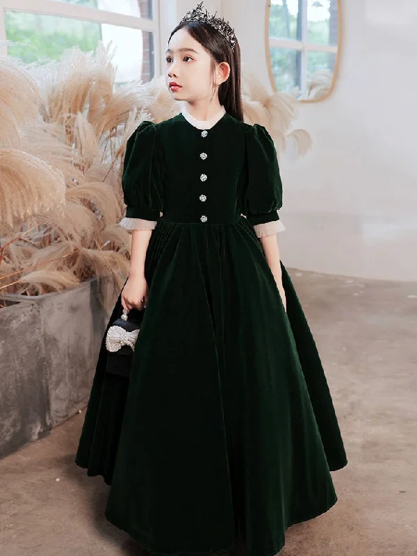 maxi dresses with hidden pocketsSimple High Neck Velvet Green Long Flower Girl Dress