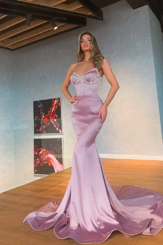 off-shoulder prom dressesLight Purple Spaghetti-Straps Mermaid Prom Dress With Sequins gh1112