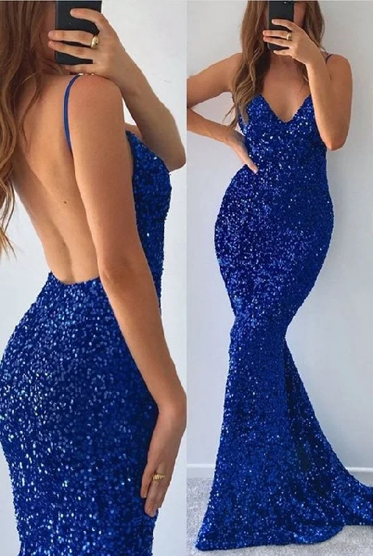 maxi prom dressesRoyal Blue Spaghetti-Straps Blue V-neck Mermaid Prom Dress Split With Sequins gh767