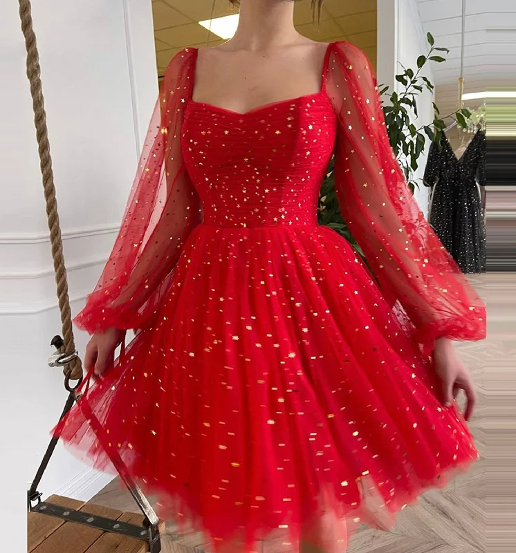 prom dresses with detachable sleevesRed tulle short prom dress with long sleeve cocktail dress  8980