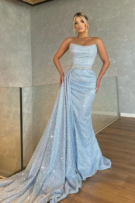 petite prom dressesBaby Blue Strapless Sleeveless Beadings Mermaid Prom Dress With Sequins  gh781