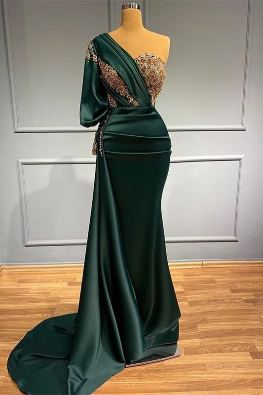 glamorous prom dressesDark Green One-Shoulder Mermaid Beads Prom Dress With Appliques gh713