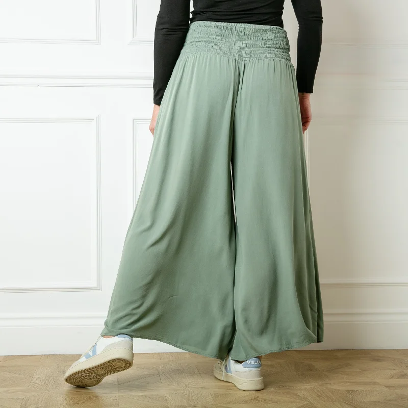 women's linen pantsShirred Waist Wide Leg Trousers