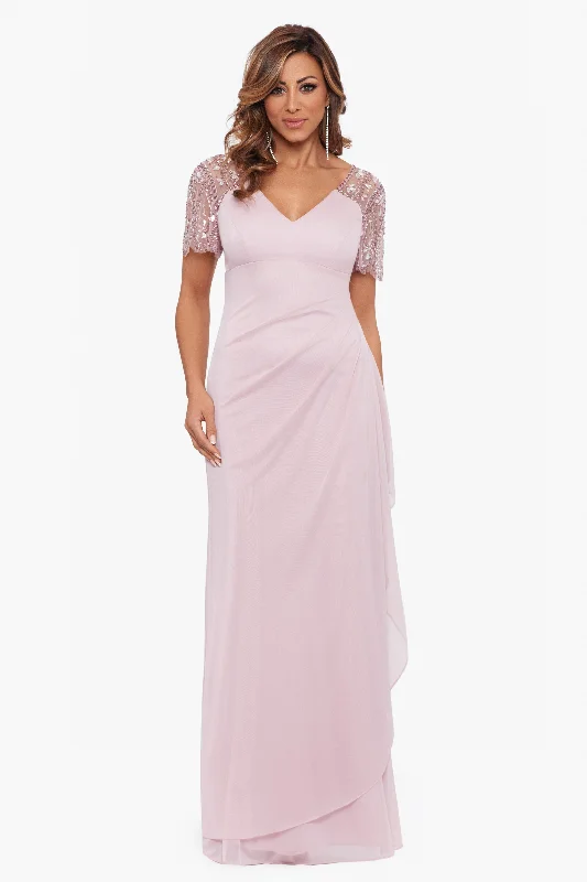 maxi dresses with cinched waistsPetite "Lana" Long V-Neck Beaded Flutter Sleeve Dress