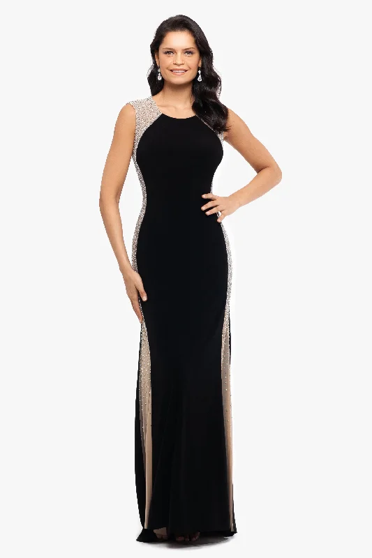 maxi dresses with low necklines"Madison" Long Jersey Knit Caviar Beaded Sides Dress