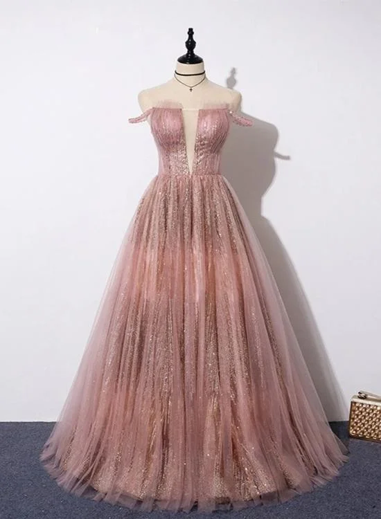 off-the-shoulder prom dressesUnique Pink Sequins Tulle Off Shoulder Long Custom Size Senior Prom Dress gh329