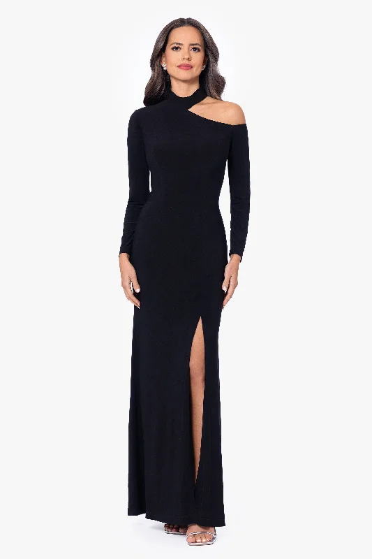 maxi dresses for springPetite "Aletta" Jersey Knit Long Sleeve One Shoulder Cut Out Long Dress