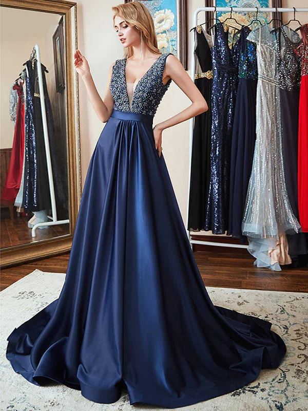 prom dresses with beaded accentsDouble V-Neck Navy Blue Beads Crystal A Line Formal Prom Dresses  gh1056