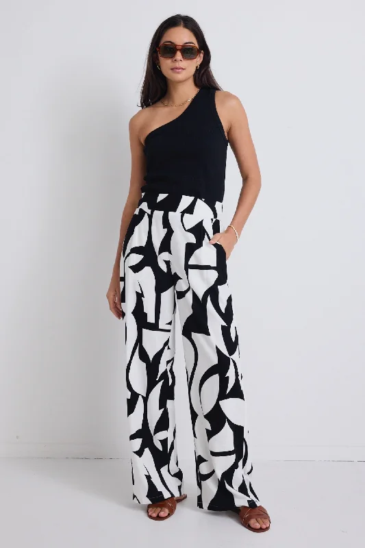 women's mini pantsMetropolitan Black White Cutout Print Wide Leg Pants