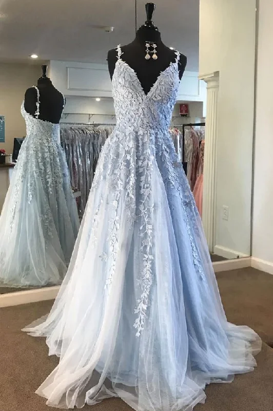 prom dress inspiration galleriesLight blue lace tulle long prom dress, blue formal dress gh1005