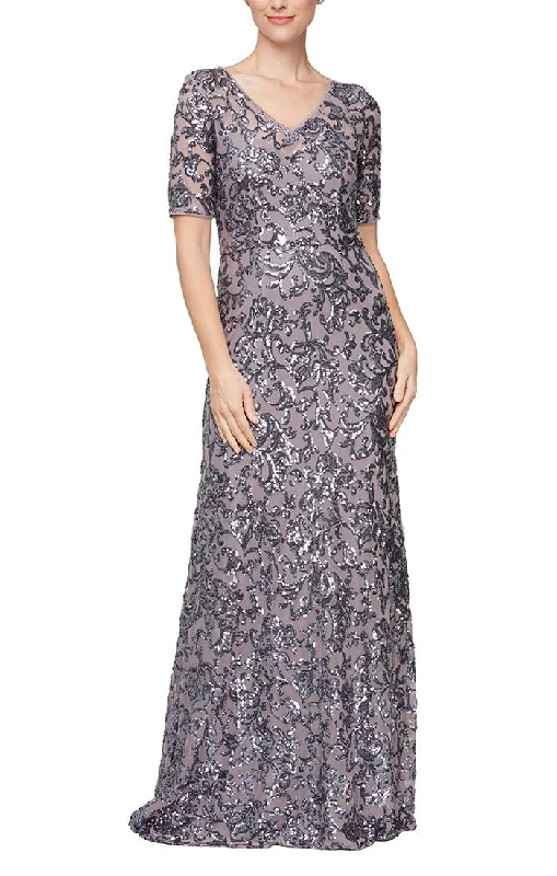 lace maxi dressesLong Sequin V-Neck Dress with Short Sleeves