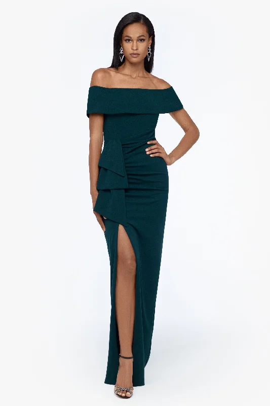 maxi dresses for cocktail partiesPetite "Camila" Long Off the Shoulder Scuba Crepe Dress