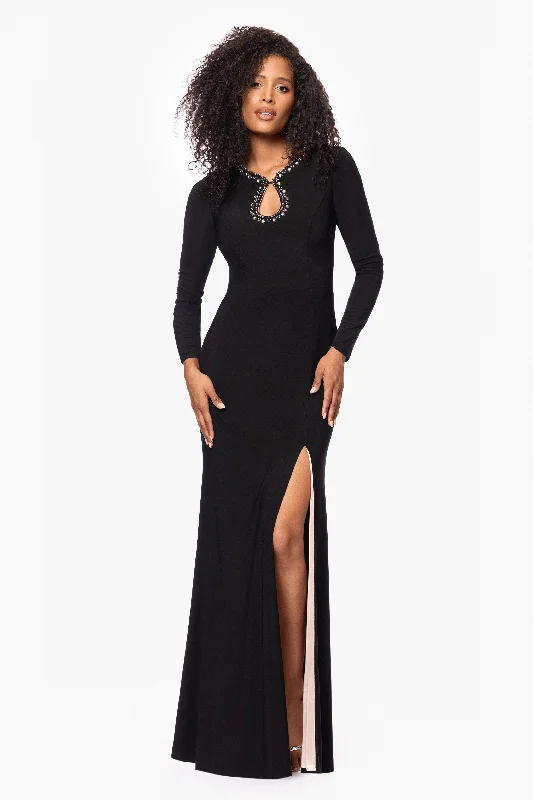 maxi dresses with cold-shoulder cuts"Marcella" Long Jersey Knit Beaded Keyhole Neck Floor Length Dress