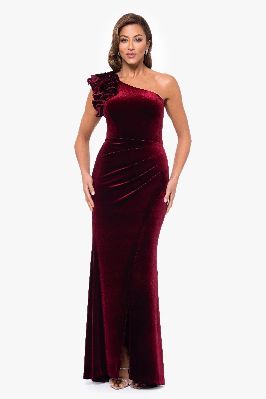 maxi dresses for plus-size brides"Kristin" Long Velvet Ruffle One Shoulder Dress