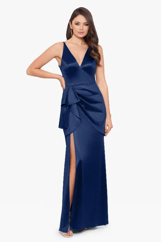 maxi dresses for layering"Robin" Long Satin V-Neck Ruffle Dress