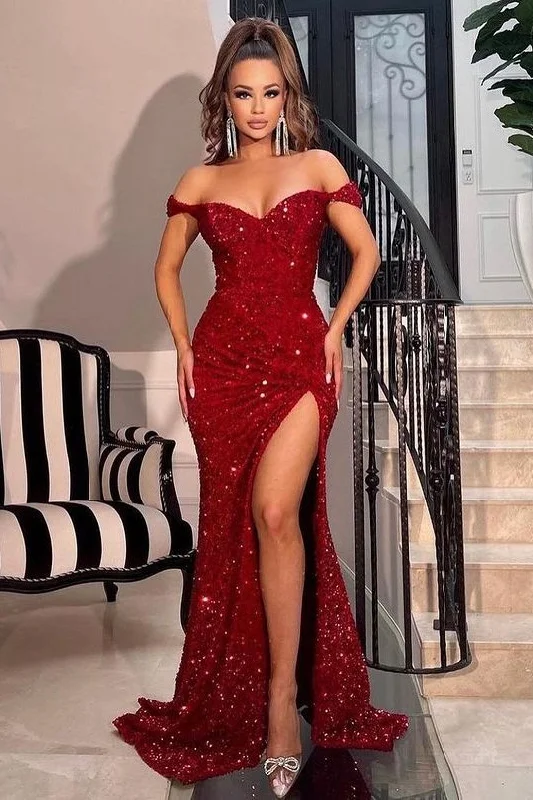 prom dresses with sequin detailingRed Off-The-Shoulder Sweetheart Sequins Mermaid Prom Dress With Split gh741