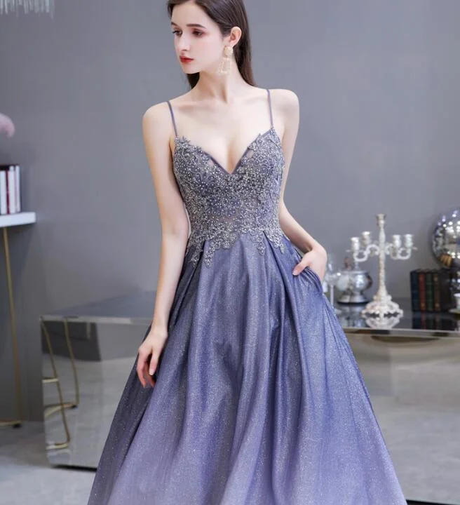 spaghetti strap prom dressesBeautiful Lavender Gradient Beaded Straps Long Formal Dress, A-Line Low Back Prom Dress  gh110