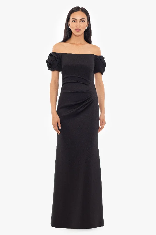 maxi dresses with built-in bras"Phoebe" Long Off the Shoulder Techno Scuba Ruffle Sleeve Dress