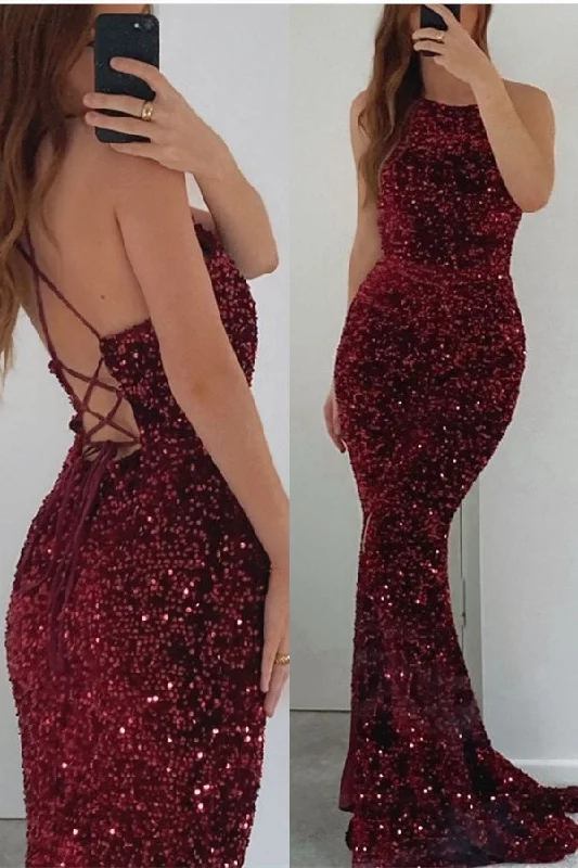 bodycon prom dressesBurgundy Sleeveless Mermaid Prom Dress With Sequins  gh768