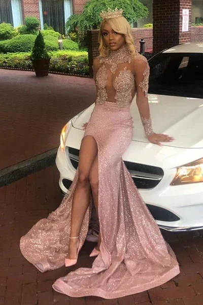 luxury prom dressesChic light pink long sleeve lace applique new arrival high slit sequin long prom dress gh1786