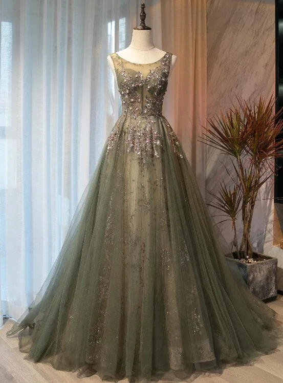 illusion sleeve prom dressesBeautiful Tulle With Applique Light Green Round Neckline Prom Dress, Low Black Long Formal Dress  gh92