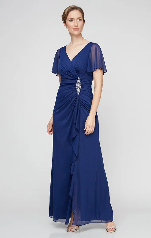 maxi dresses for beachLong Surplice Neckline Mesh Dress with Flutter Sleeves, Embellishment at Hip and Cascade Skirt Detail