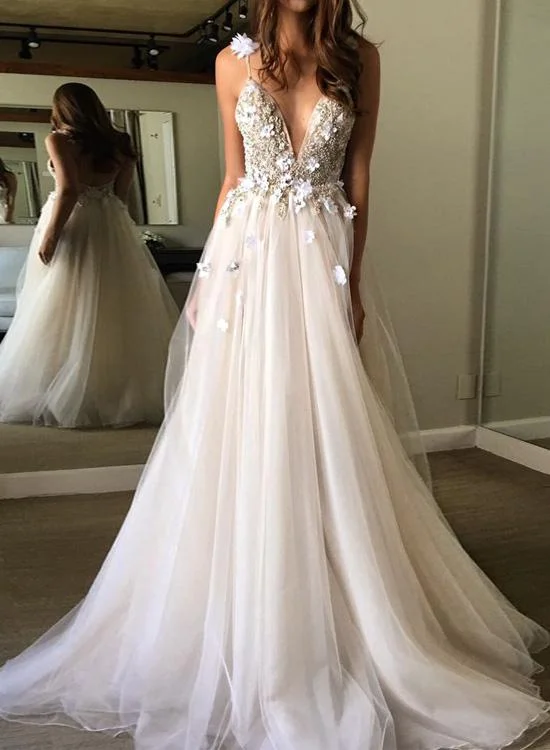 two-piece prom dressesIvory Tulle V-neck Prom Dresses With Appliques gh1137