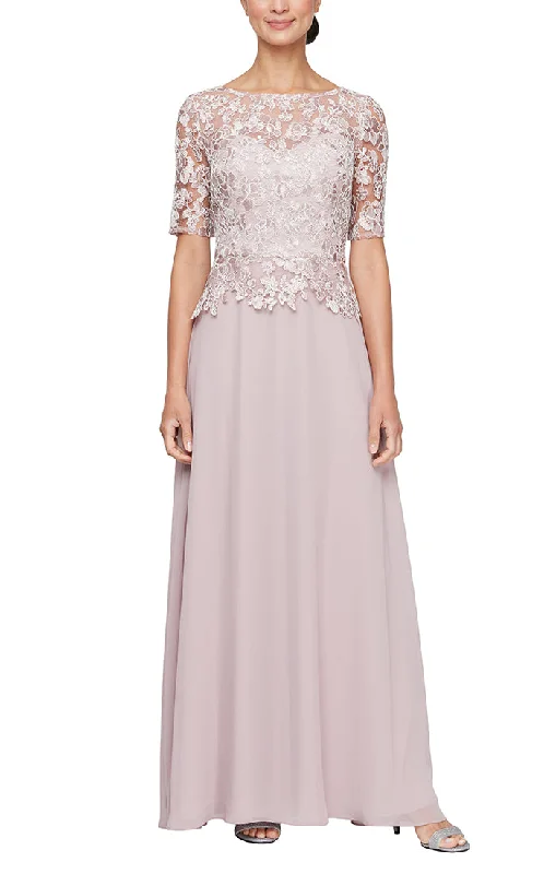 floral print maxi dressesLong Embroidered A-Line Dress With Scallop Detail and Elbow Sleeves