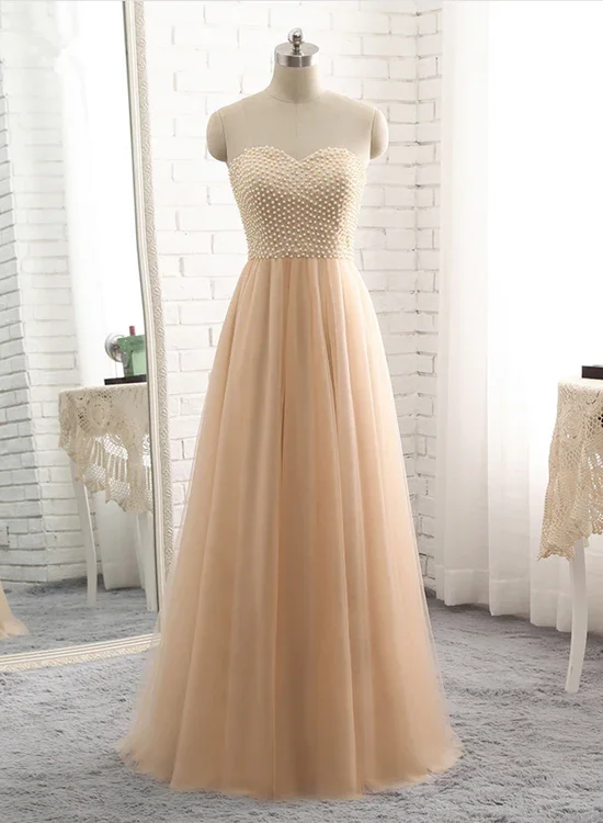 tulle prom dressesBeautiful Champagne Sweetheart Long Junior Prom Dress, Cute Long Dress  gh498