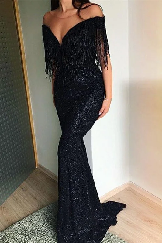 sequined prom dressesBlack Sequins Tassles Mermaid Prom Dress  gh705