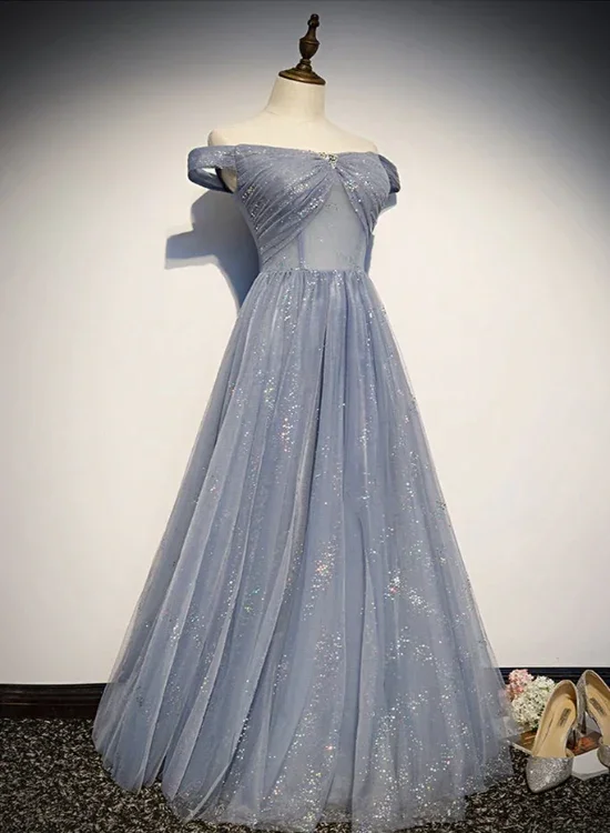 A-line prom dressesBeautiful Long Strapless Blue Tulle Beaded Long, A Line Off Shoulder Prom Dress gh7