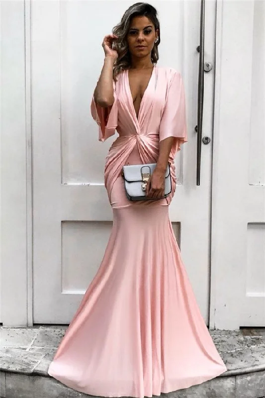 corset prom dressesLight Pink Half Sleeves Mermaid Long Prom Dress gh759