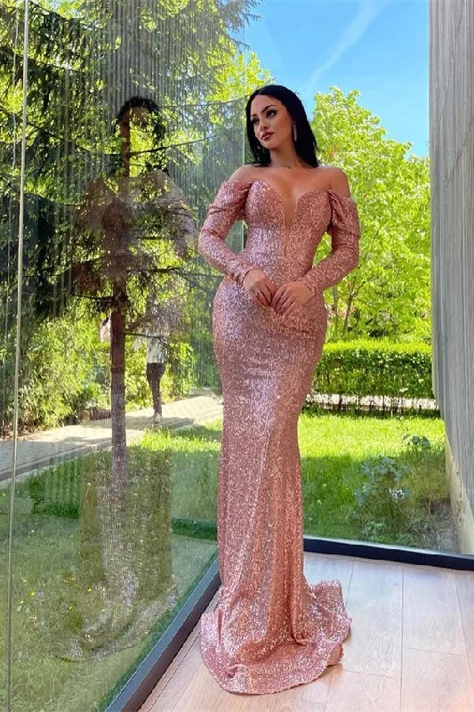 ready-to-wear prom dressesElegant V-Neck Split Long sleeves Mermaid Prom Dress With Sequins gh775