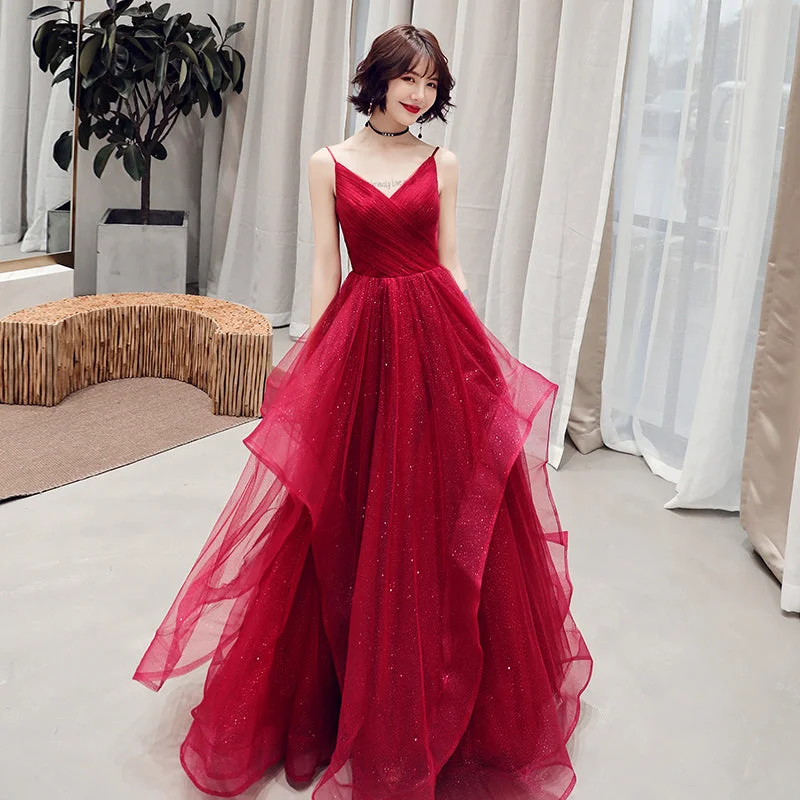 halter prom dressesBurgundy v neck tulle long prom dress, formal dress  10082