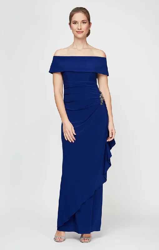 maxi dresses for tall womenLong Off-the-Shoulder Matte Jersey Dress with Foldover Cuff, Embellishment Detail at Hip and Cascade Ruffle Skirt