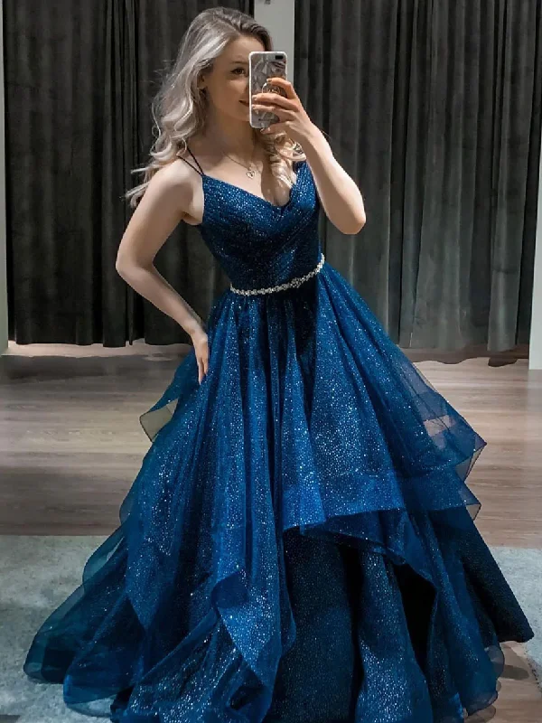 sequined prom dressesBlue v neck tulle sequin long prom dress blue formal dress gh913