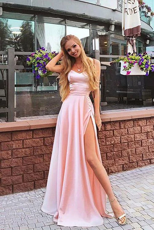 sparkly prom dressesElegant A Line Sweetheart Spaghetti Straps Chiffon Slit Pink Long Prom Dresses gh873