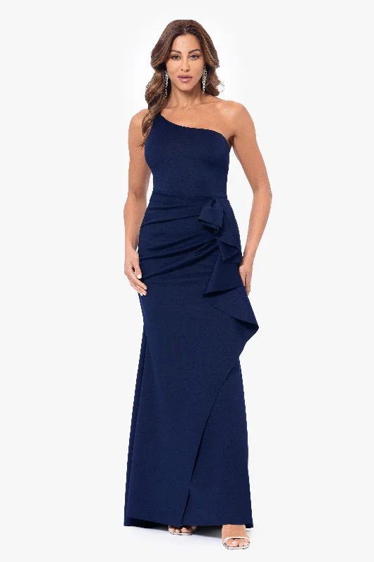 maxi dresses with pockets and sleeves"Daniella" Long One Shoulder Scuba Crepe Ruffle Dress