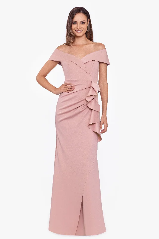 maxi dresses with short sleeves"Patti" Long Off the Shoulder Scuba Crepe Dress