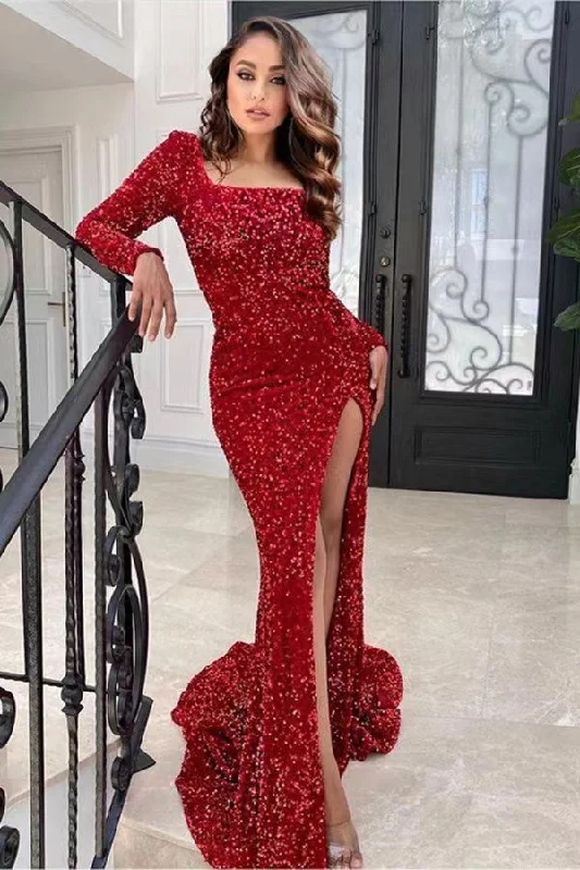 luxury prom dressesRed Long Sleeves Square Sequins Prom Dress Mermaid With Split gh778