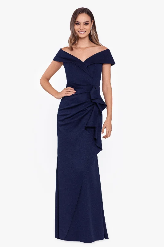 maxi dresses for bridesmaids"Patti" Long Off the Shoulder Scuba Crepe Dress