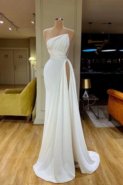 prom dresses for tall girlsSTRAPLESS CREAMY WHITE HIGH-SPLIT PLEATED LONG PROM DRESS gh1091