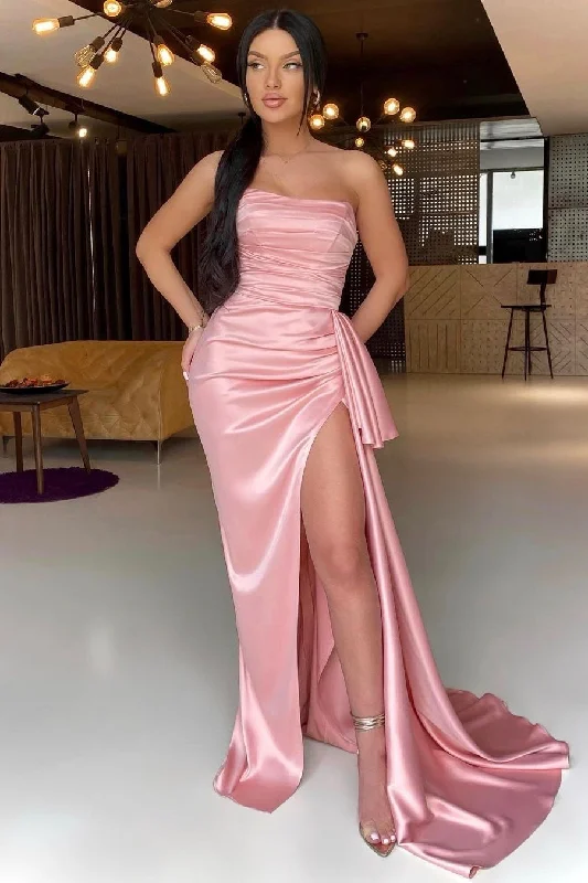 prom dress color trendsPink Strapless Long Pleated Prom Dress With Split gh721