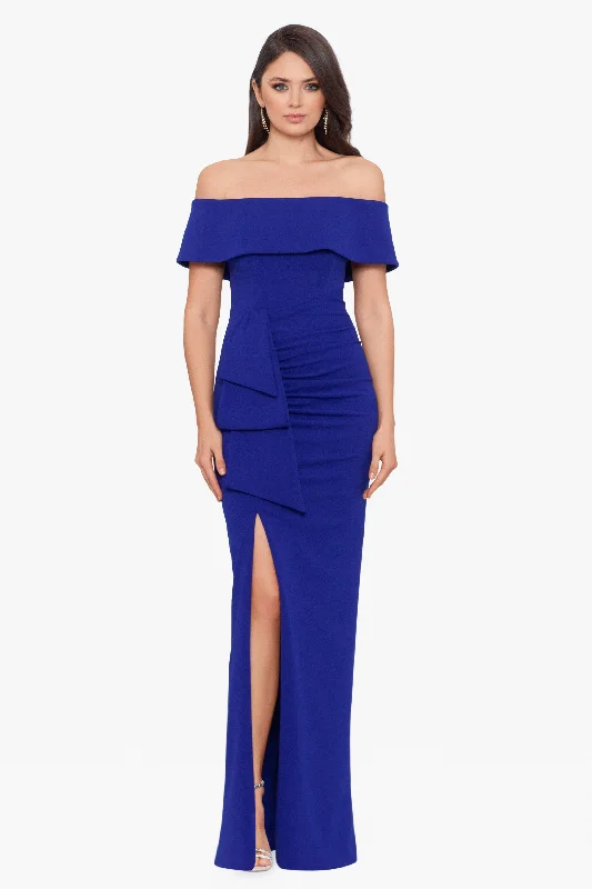 maxi dresses with removable beltsPetite "Camila" Long Off the Shoulder Scuba Crepe Dress