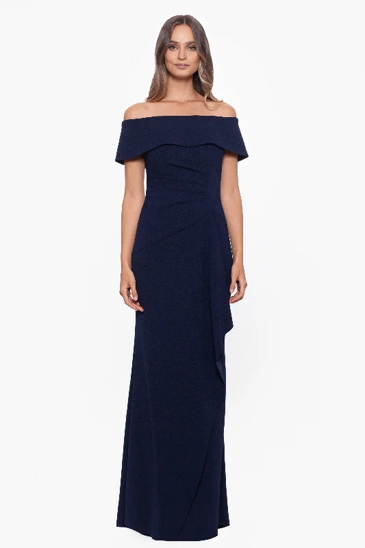 maxi dresses for semi-formal eventsPetite "Lindsay" Long Scuba Crepe Off the Shoulder Dress