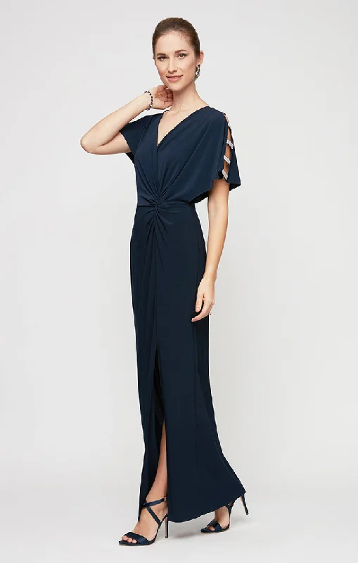 maxi dresses for pool partiesLong Knot Front Jersey Dress with Front Slit & Embellished Sleeve Cutouts