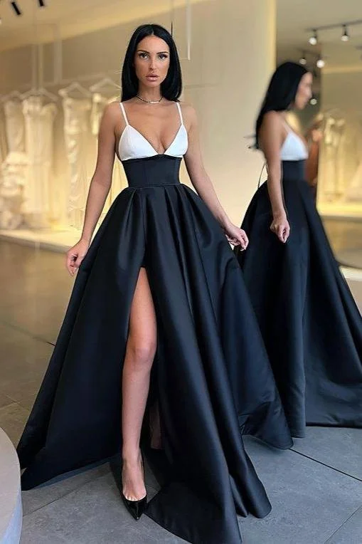 prom dresses for apple shapesBlack and White Spaghetti-Straps Prom Dress gh646